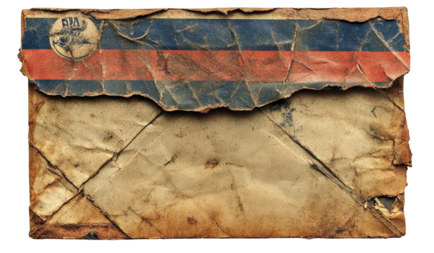Distressed, aged envelope with faded blue, red stripes and circular emblem