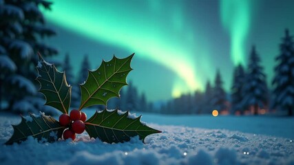 Holly Leaves and Berries in Snow with Northern Lights Background for Holiday Greetings, Christmas Cards, Winter Celebrations, and Seasonal Marketing - Powered by Adobe