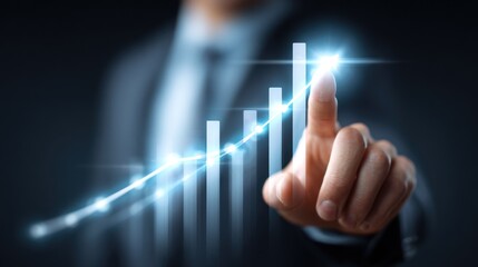 A businessman pointing to a glowing bar graph with a rising trend.