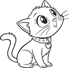 Adorable black-and-white line art of a cat with a heart-shaped collar, perfect for coloring or as a cute design element. (3)