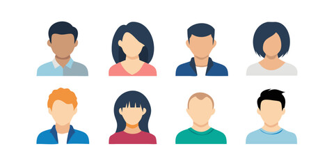 Avatar profile icons. Faceless female and male avatars, men and women portraits with various hairstyles, clothing and ages. User profiles, team page, community apps icons. Flat vector characters 