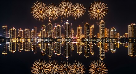 Fototapeta premium City Skyline Fireworks Reflection on Water Urban Celebration Nighttime Spectacle Festive Occasion Waterfront View Illuminated Buildings Dazzling Light Display Cityscape Ambiance