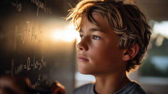 Young boy deep in thought while writing on a chalkboard