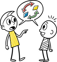 Vector illustration of two stick figures communicating with colorful arrows, concept of communication, listening, and teamwork in doodle style,Strichfiguren 