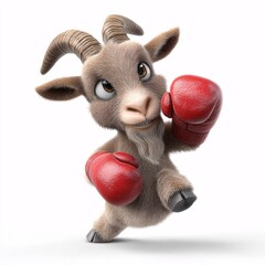 3D Cartoon Goat in Red Boxing Gloves on White Background