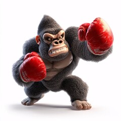 Cartoon Gorilla Boxing in Red Gloves on White Background