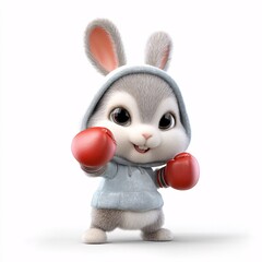 Cute 3D Cartoon Rabbit in Boxing Gloves on a White Background