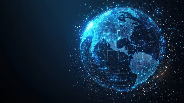 Digital earth globe rotating concept, blue glowing particles and lines forming a technological world - Powered by Adobe