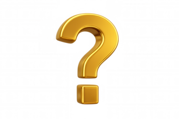 Gold question mark symbol representing inquiry, uncertainty, answers, and frequently asked questions on transparent background