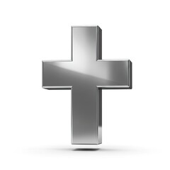 Fototapeta premium A reflective polished silver metallic cross symbol with smooth edges casting a subtle shadow on a clean white background isolated for conceptual
