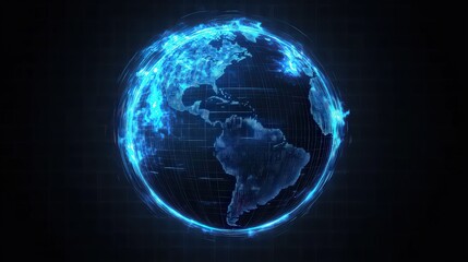 Digital earth globe rotating concept, blue glowing particles and lines forming a technological world