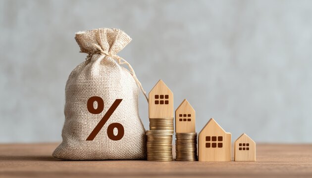 Low Mortgage Interest Rates: Bag With Money, Arrow Pointing Down, And House Symbol. Decreasing Interest Payments And Falling Housing Rates On Credit.