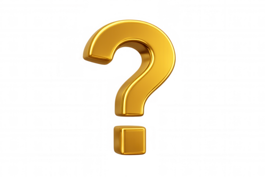 Gold question mark symbol representing inquiry, uncertainty, answers, and frequently asked questions on transparent background