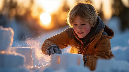 Child building a snow fort in a picturesque winter landscape
