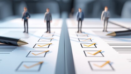 Businessmen Evaluate Procedures Using Documents With Checkbox Lists, Codes Of Conduct, Regulations, Policies, Company Documents, And Terms And Conditions.