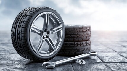 A stack of three car tires with a wrench on a concrete surface.