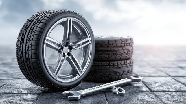 A stack of three car tires with a wrench on a concrete surface.
