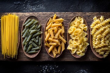 Artisan pasta selection arranged with care, inviting a delicious culinary experience with spaghetti, penne, farfalle, and fusilli noodles for your table
