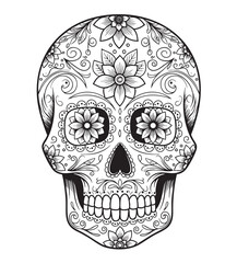 Mexican Skull with Flowers, Vintage Black and White Vector