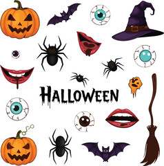 Spooky halloween elements collection with pumpkins bats spiders witches hat and lips