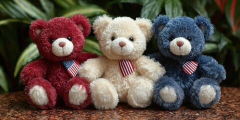 Trio of patriotic teddy bears with american flags in garden setting