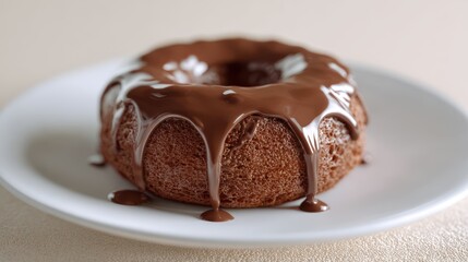 A single chocolate donut with melting chocolate glaze on a white plate, realistic soft lighting emphasizing texture and shine, clean background, no text, no logo