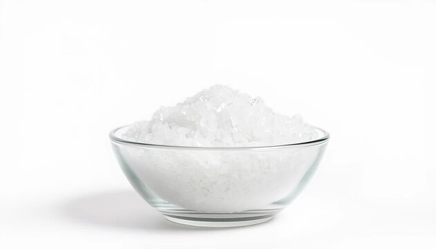 A bowl of white crystalline monosodium glutamate against a pure white backdrop,  food additive,  powder