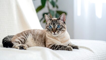 A light-colored domestic cat with stunning blue eyes and tabby markings reclines gracefully on a cream-colored couch. Natural light bathes the scene