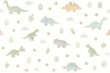 Fototapeta premium Dinosaurs tiny mini ditsy pattern with half-scale sauropod stegosaurus triceratops eggs ferns clouds and footprints airy seamless