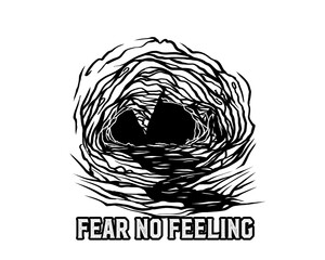 Black and white illustration of a dark cave with text Fear No Feeling tunnel isolated on a transparent background