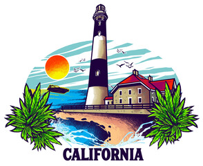 Lighthouse and Coastal Scene with California Text Keywords: lighthouse, coast, ocean, sea, beach isolated on a transparent background
