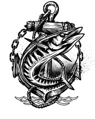 Marlin fish wrapped around anchor with chains and waves illustration seafood ocean isolated on a transparent background