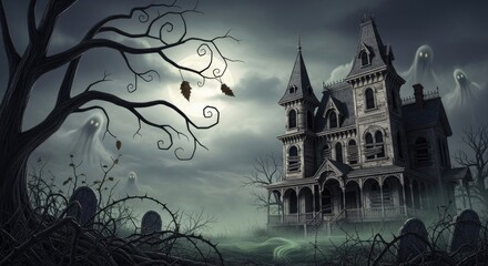Obraz premium A spooky, haunted house with ghosts and a full moon in the background.