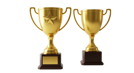 Two golden trophies representing victory and success on a black background