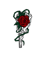 Skeleton Hand Entwined with a Red Rose and Thorny Vines flower isolated on a transparent background