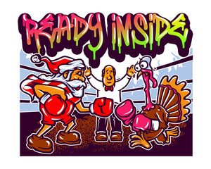 Santa Claus boxing a turkey with referee in a ring fight match isolated on a transparent background