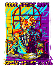 Sphynx cat in suit with money and hourglass, vibrant colors animal business isolated on a transparent background