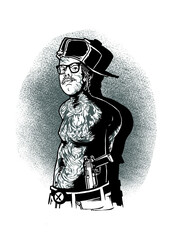Tattooed man with glasses and gun in black and white illustration male person isolated on a transparent background