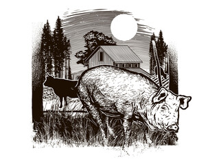 Stylized Illustration of a Pig and Cow in a Field at Night swine cattle isolated on a transparent background