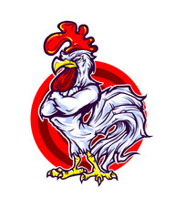 Tough Rooster with Crossed Arms and Red Geometric Background chicken bird isolated on a transparent background