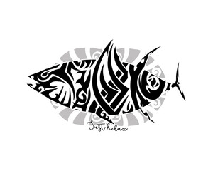 Tribal Fish Tattoo Design with Text Just Relax graphic isolated on a transparent background