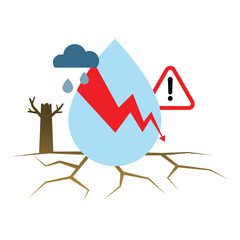 Vector illustration of water scarcity crisis. A water drop with downward red arrow, dry cracked ground, and warning sign symbolize drought, declining water resources, and climate change awareness.