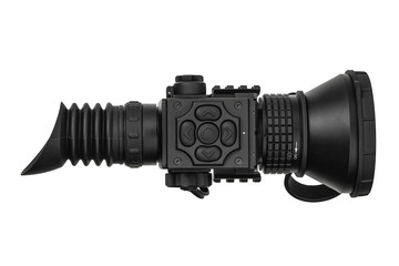 High-tech black thermal vision scope with soft rubber eyepiece and integrated rail, shown on a clean white backdrop.