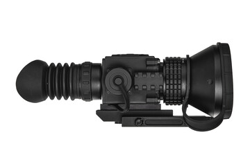 Black digital infrared rifle sight with rubberized eye cushion and rail attachment, presented on a white surface.