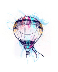 Whimsical Hot Air Balloon with Happy Face and Splatter Art airship flying isolated on a transparent background