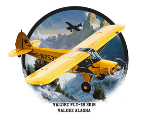 Yellow bush plane flying over snowy mountains Valdez Alaska airplane aircraft isolated on a transparent background