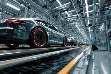 Fototapeta premium EV Production Line on Advanced Automated Smart Factory. High Performance Electric Car Manufacturing. Car Batteries Installation on Electric Vehicles on Assembly line. Automotive Plant.