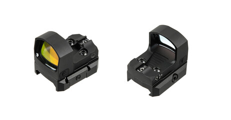 Two black compact reflex red dot sights with amber lenses, isolated on a white back