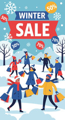 Obraz premium Flat Style Group People Shopping Winter Sale Advertising Illustration