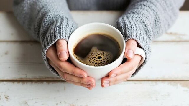 Person in a cozy sweater holding a warm mug of coffee. Top view of hands with swirling coffee. Relaxing morning cinemagraph concept